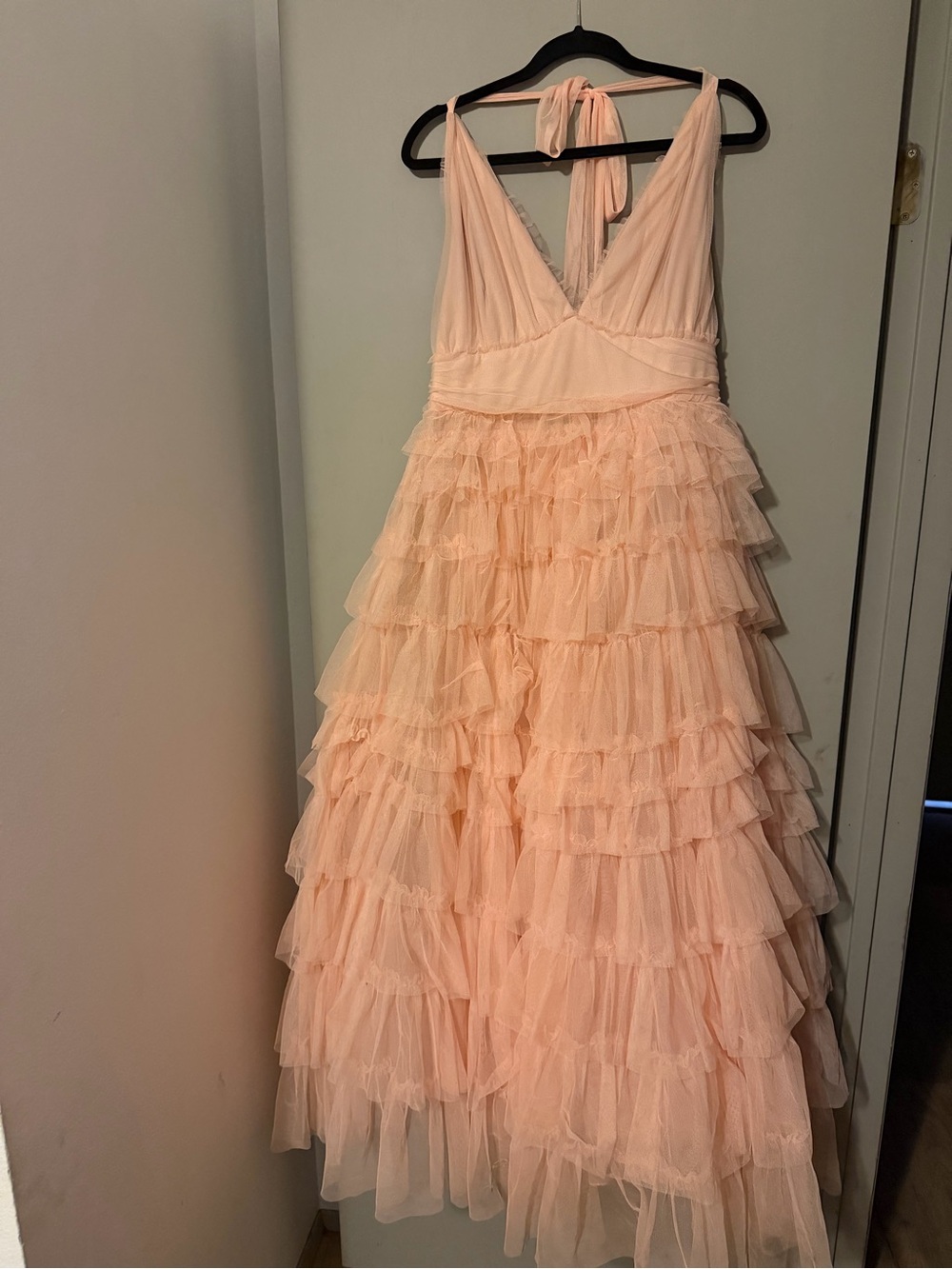 Vici Blush Pink Tiered Ruffle Halter Maxi Dress